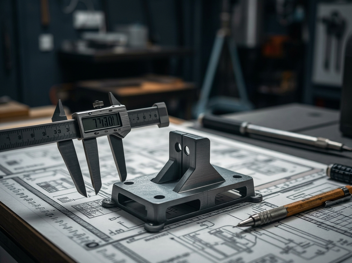 Calipers measuring a machined bracket over technical drawings