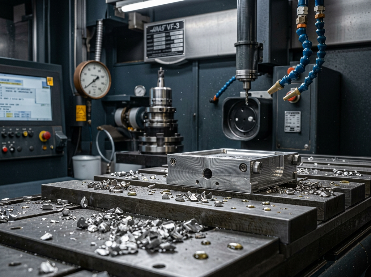 Machined aluminum part on a mill bed in a machine shop