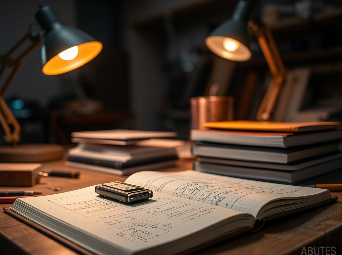 Engineering notebook with sketches under a desk lamp
