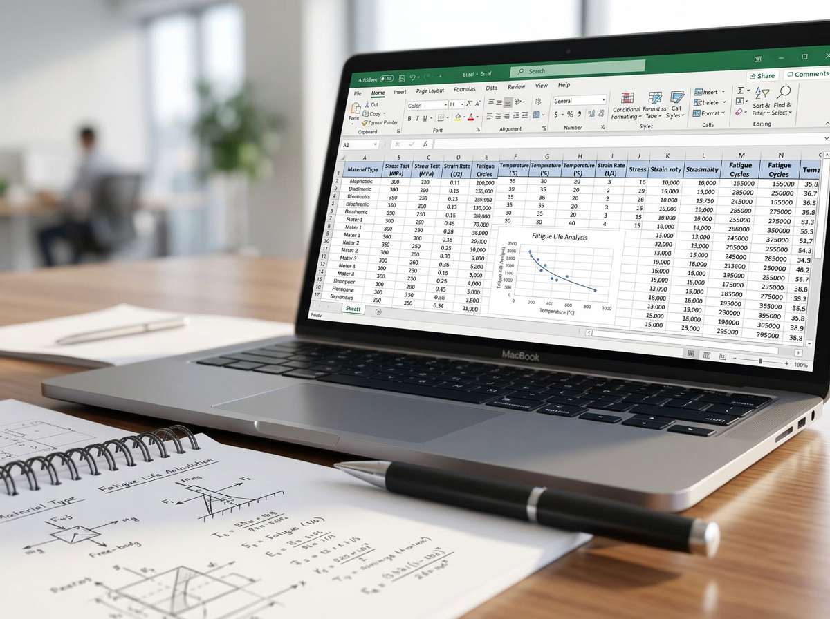 Spreadsheet with engineering analysis data on a laptop