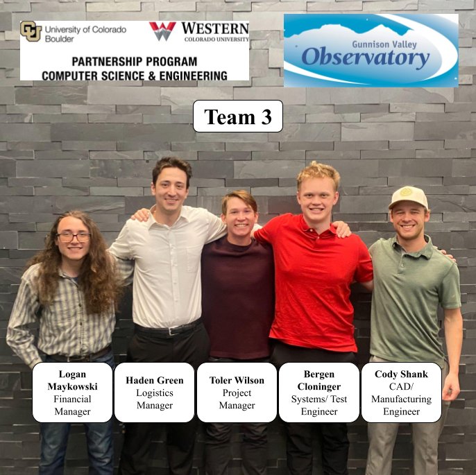 Cody Shank with the five-person Team 3 engineering group for the observatory project